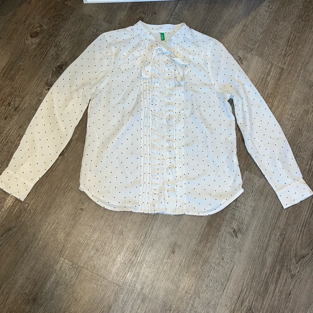 United Colors of Benetton long sleeve polka dots button down sheer blouse L